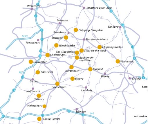 Possible map Map of the Cotswolds showing key towns and villages including Bourton-on-the-Water, Stow-on-the-Wold, Bibury, Chipping Campden, and Moreton-in-Marsh