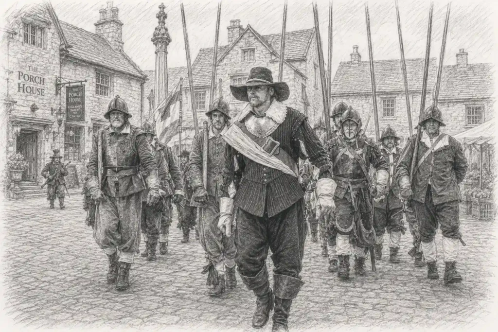 Pencil sketch of English Civil War soldiers marching through Stow-on-the-Wold Market Square in the Cotswolds.