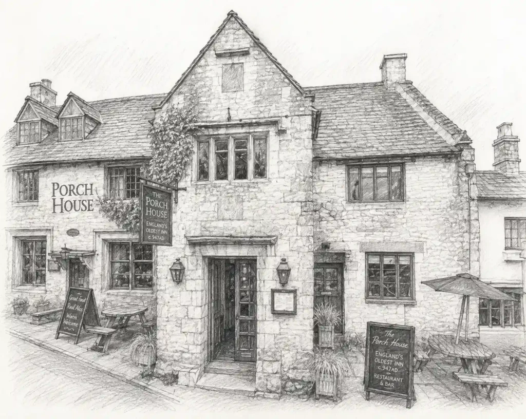 Pencil sketch of The Porch House in Stow-on-the-Wold, a historic Cotswolds inn claiming origins dating to c.947 AD.